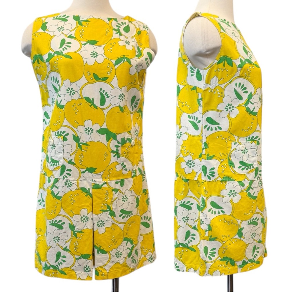 Vintage Playsuit Cotton Yellow Apple Fruit Print MCM 60s Mini Dress Romper L - Picture 2 of 9